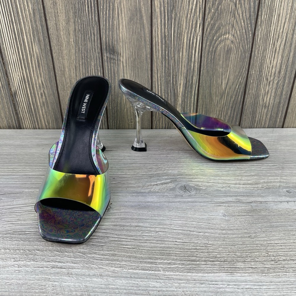 Nine West Holographic Clear Heel Mule Sandals Square Toe Rainbow Women's Size:10 - Picture 4 of 16